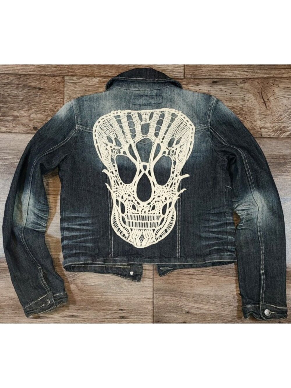 1st Kiss Stretch Denim Jean Jacket with Crochet Skull Back Goth Grunge Juniors M